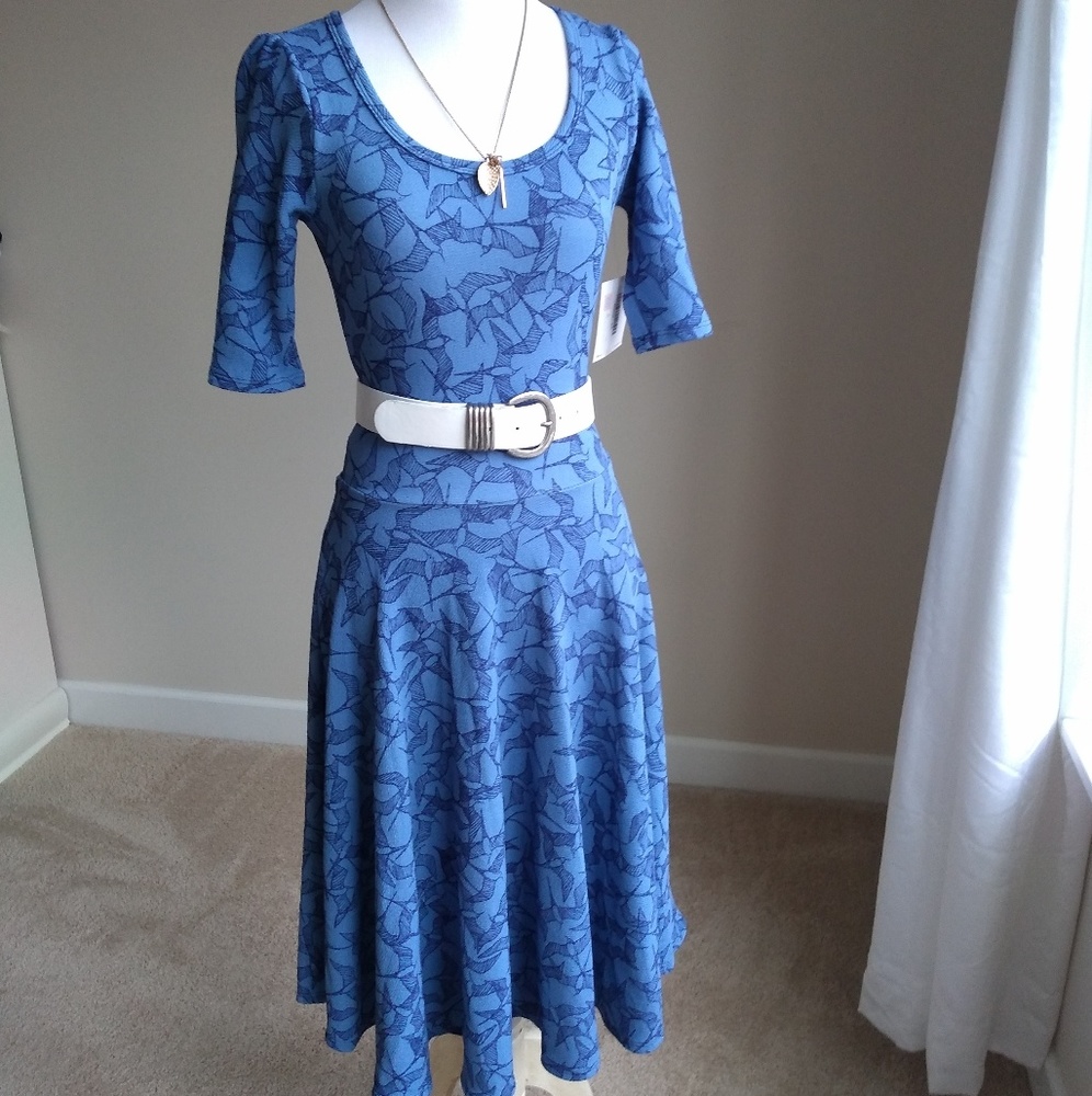 Lularoe Nicole 👗-XS solid blue with blue birds